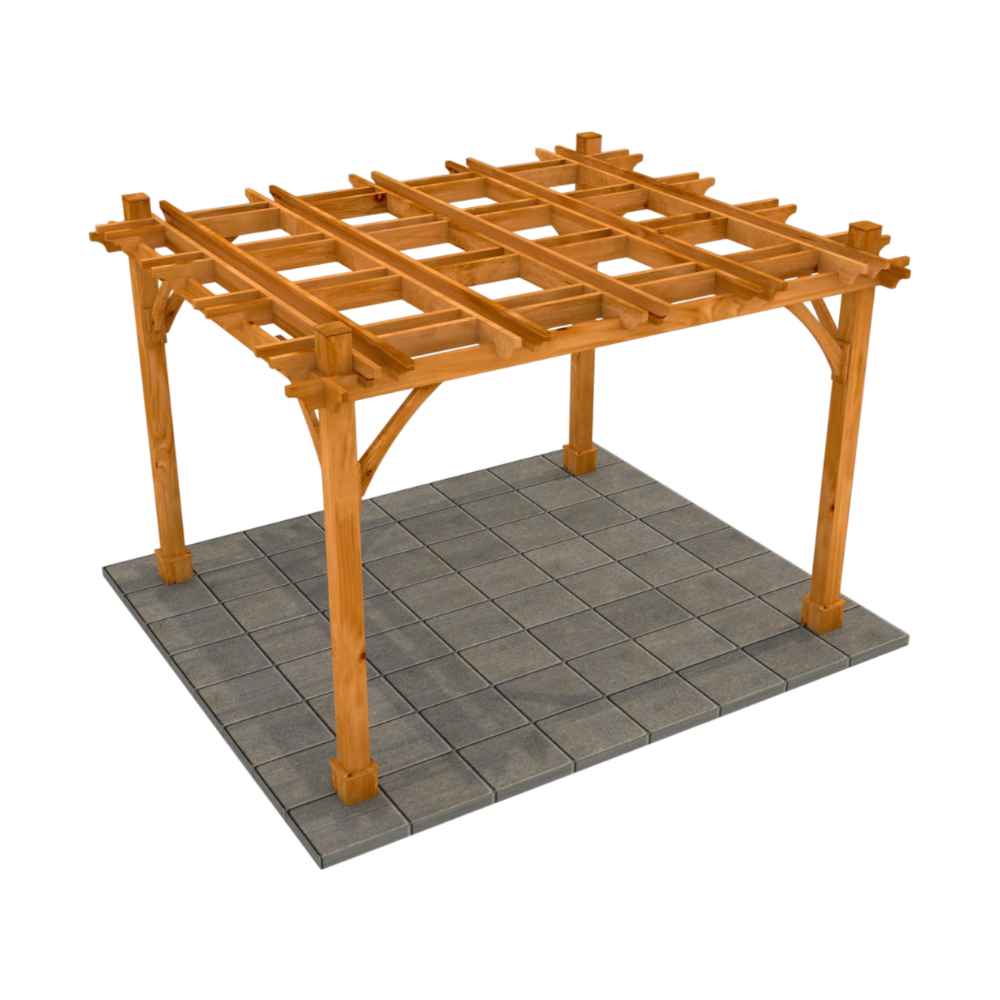 An angled top-down perspective of the 10 x 12 Outdoor Living Today Western Red Cedar Pergola & Canopy clearly illustrates the open, grid-patterned cedar top structure without the canopy