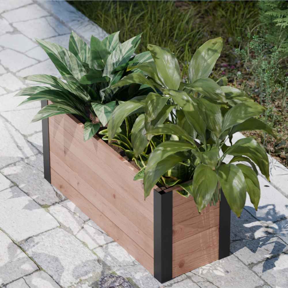 An angled view highlights the Outdoor Living Today 4×1.5 Urban Raised Garden Bed brimming with large green leaves on a stone patio