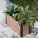 An angled view highlights the Outdoor Living Today 4×1.5 Urban Raised Garden Bed brimming with large green leaves on a stone patio