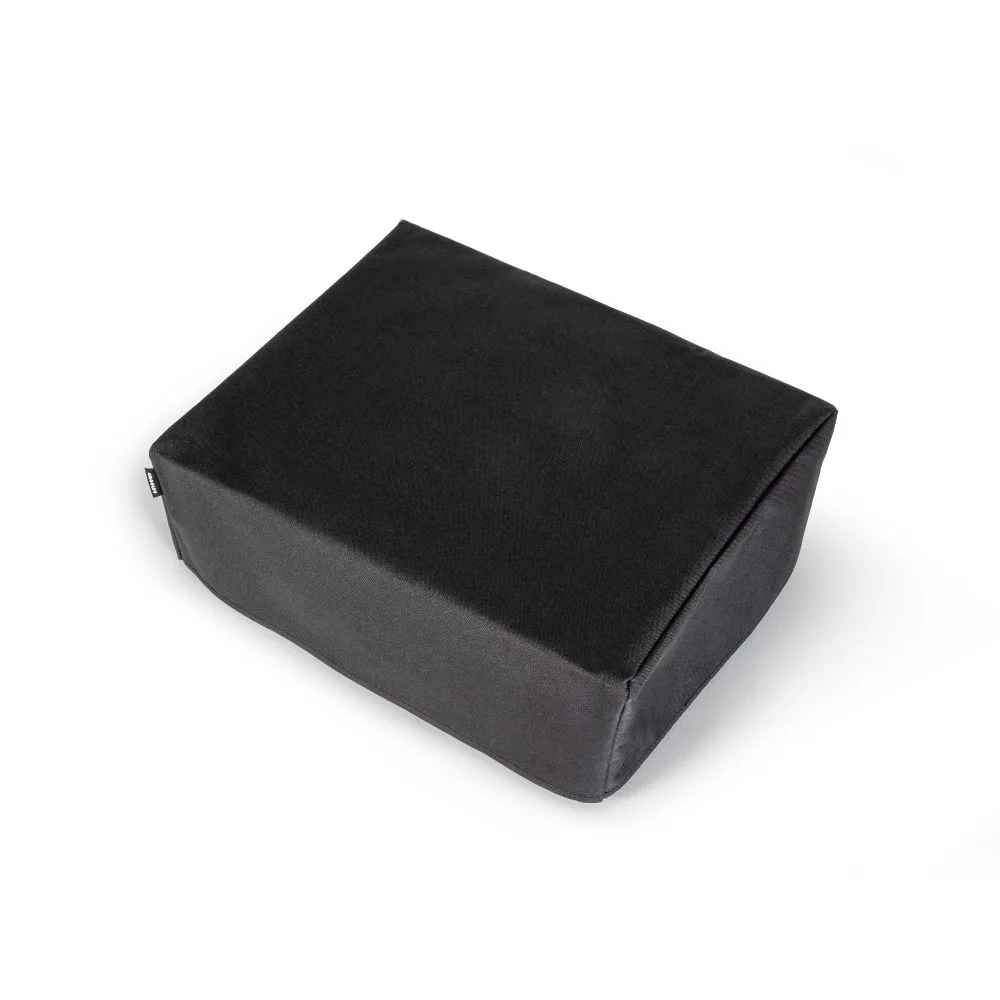 An angled view highlights the smooth, fitted structure of the Crosley Fabric Turntable Dust Cover - Black