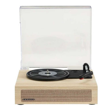A natural wood finish, clear dust cover, and vintage-inspired front-facing speaker grill define the Crosley Scout Turntable - Natural