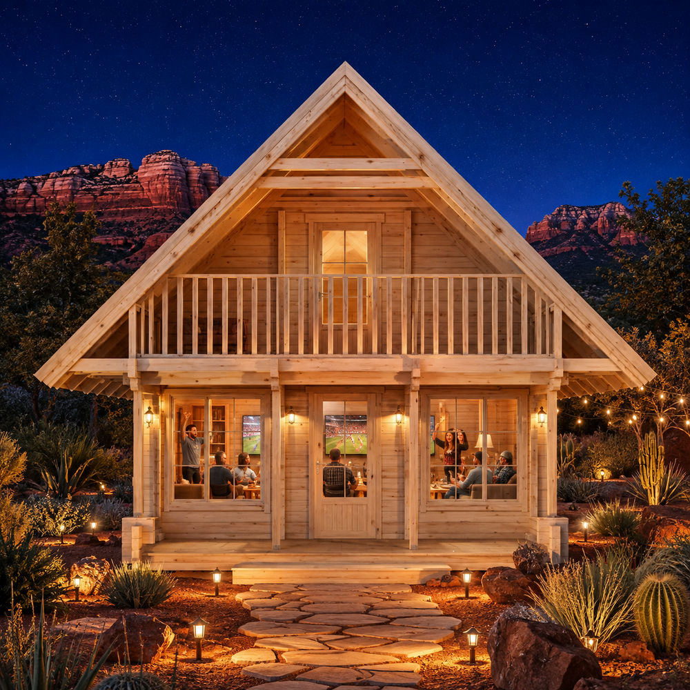 Front-facing Anders 90A entertainment studio glowing brightly at night as friends watch sports, framed by illuminated desert landscaping and Arizona red-rock formations.