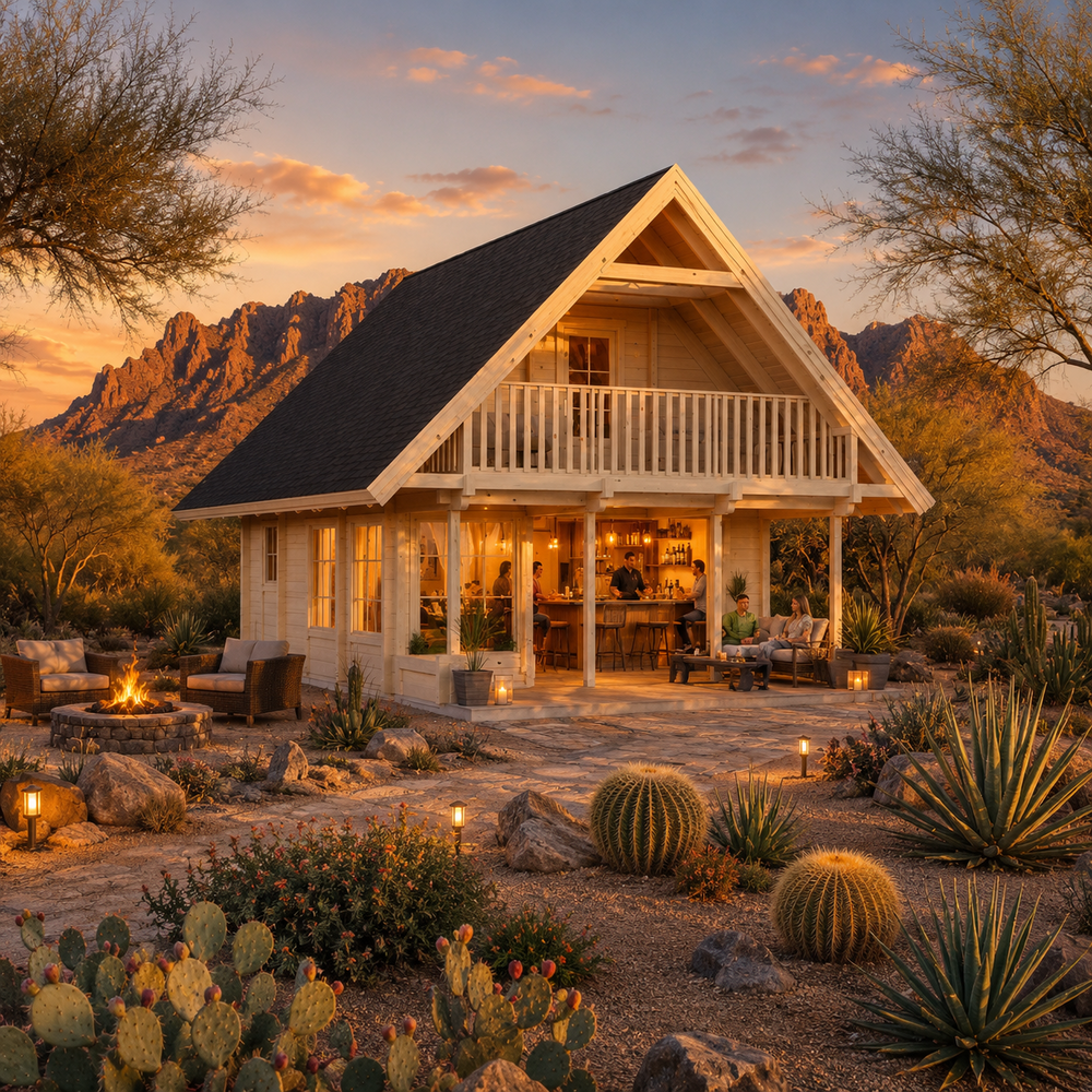 Anders 90A garden studio transformed into a welcoming backyard bar at golden hour, with friends socializing among Arizona desert plants and sunlit mountains.