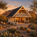 Anders 90A garden studio transformed into a welcoming backyard bar at golden hour, with friends socializing among Arizona desert plants and sunlit mountains.