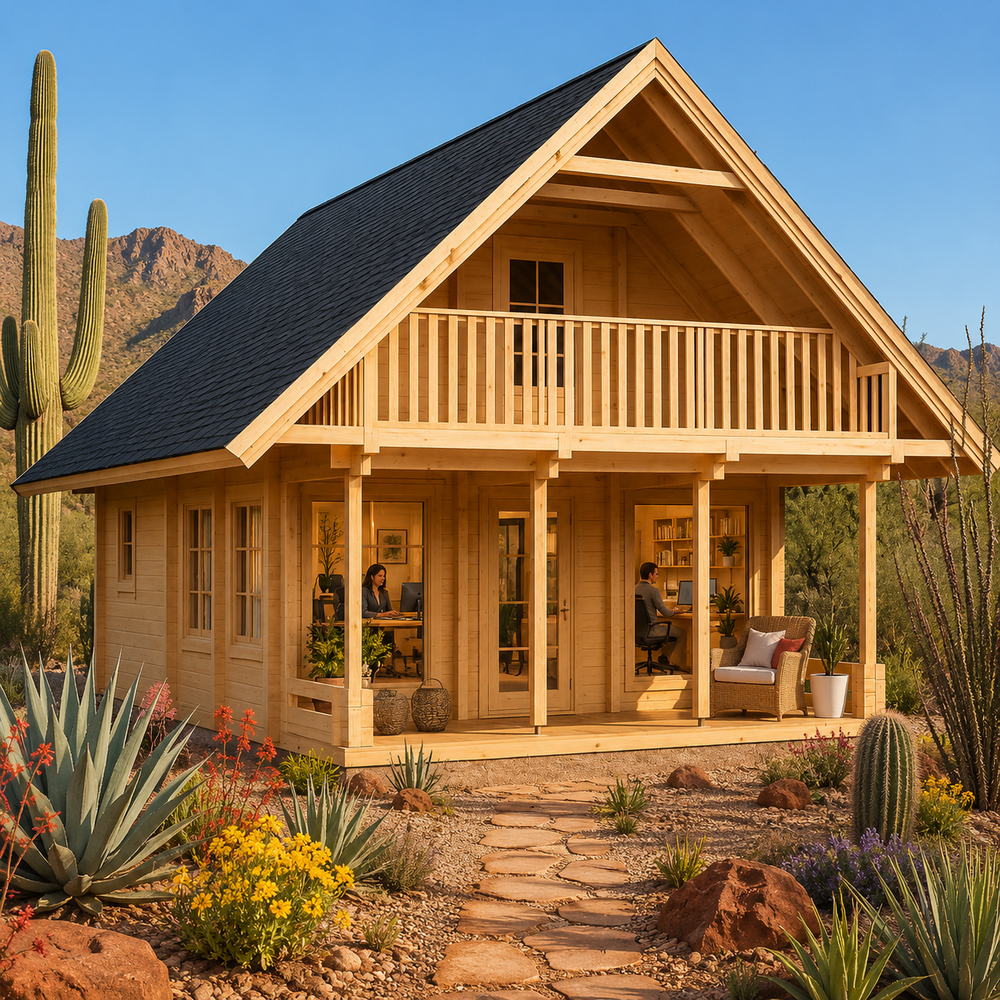 Anders 90A wooden garden studio configured as a sunny home office, surrounded by saguaro cacti, agave, desert flowers, and rugged Arizona mountains.