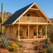 Anders 90A wooden garden studio configured as a sunny home office, surrounded by saguaro cacti, agave, desert flowers, and rugged Arizona mountains.