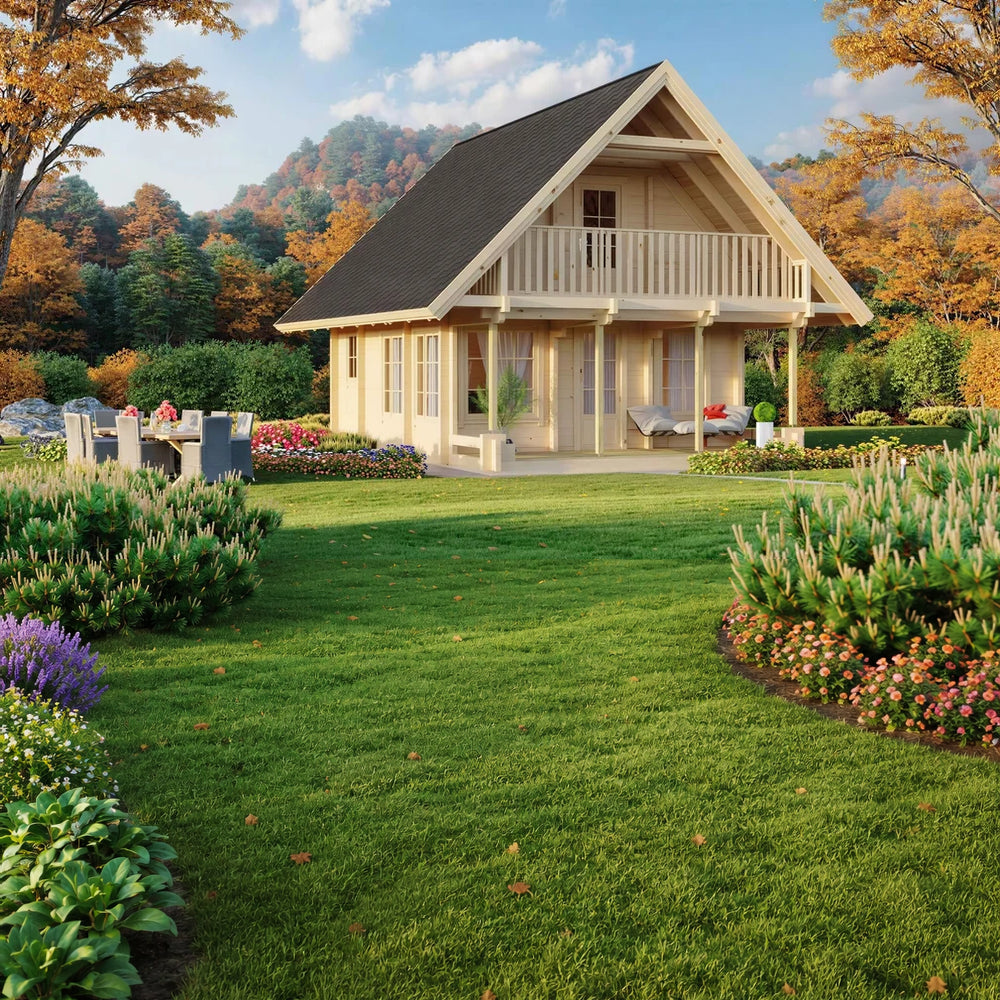 GardenHouse24 USA Anders 90A Garden Room with a front porch and upper balcony, surrounded by autumn trees and outdoor seating