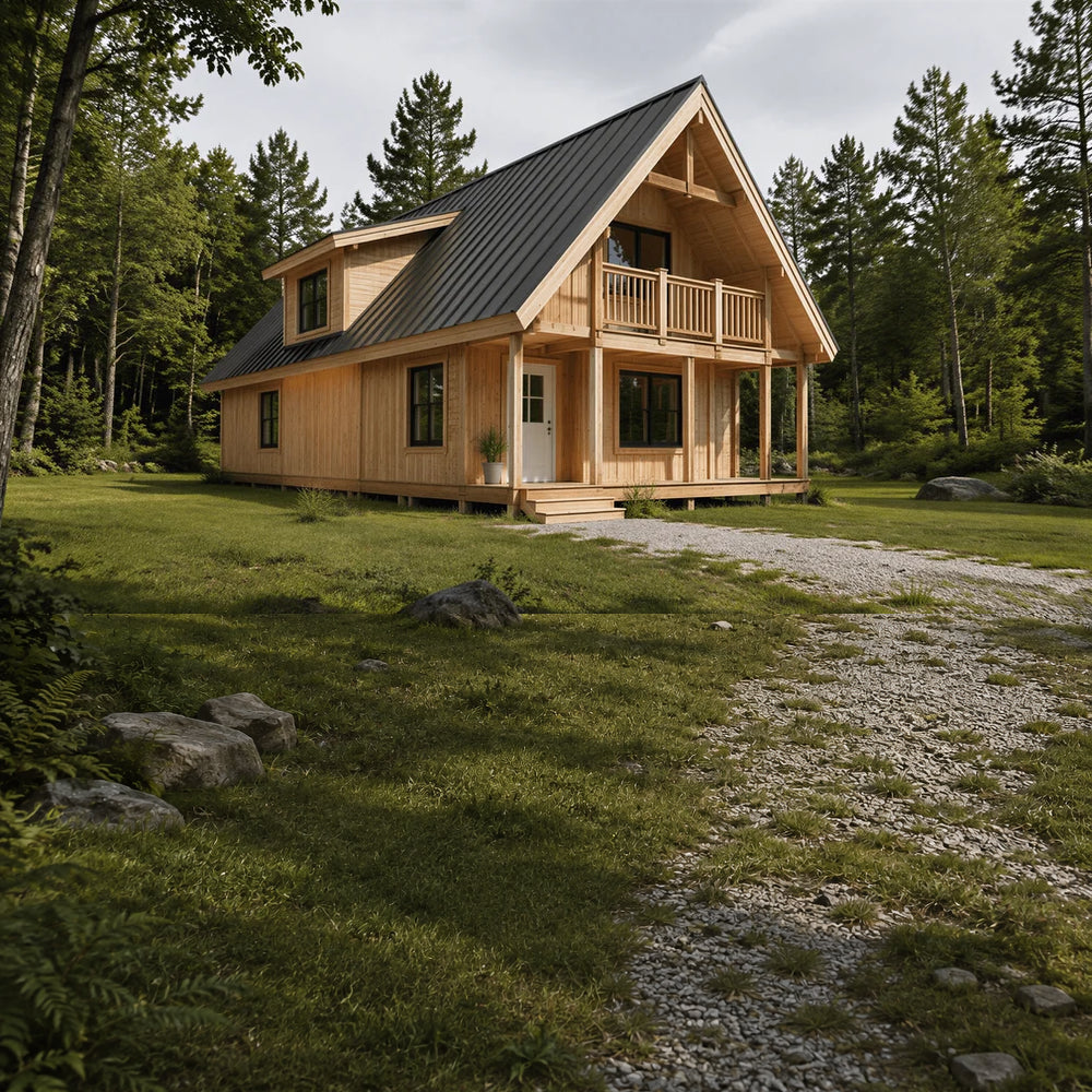 Two-story light wood cabin with a black metal gabled roof, balcony, and porch, set in a green forest clearing.
