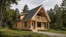 Two-story light wood cabin with a black metal gabled roof, balcony, and porch, set in a green forest clearing.