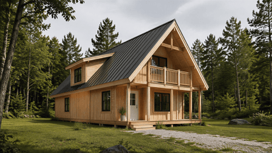 Two-story light wood cabin with a black metal gabled roof, balcony, and porch, set in a green forest clearing.