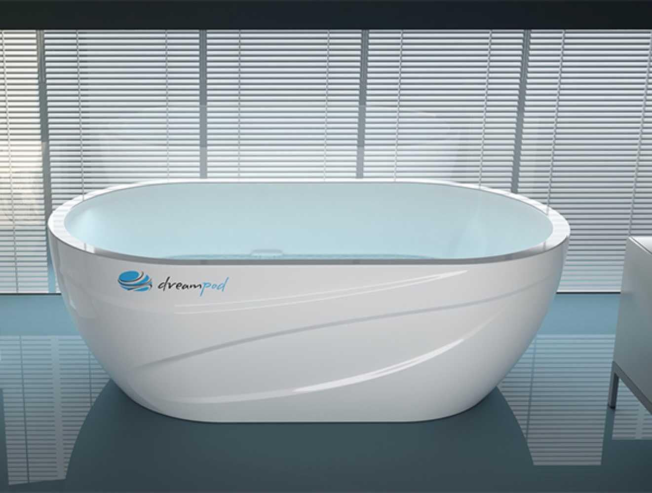 An empty Dreampod Ice Bath with Chiller is displayed in a minimalistic indoor space with blinds on the windows