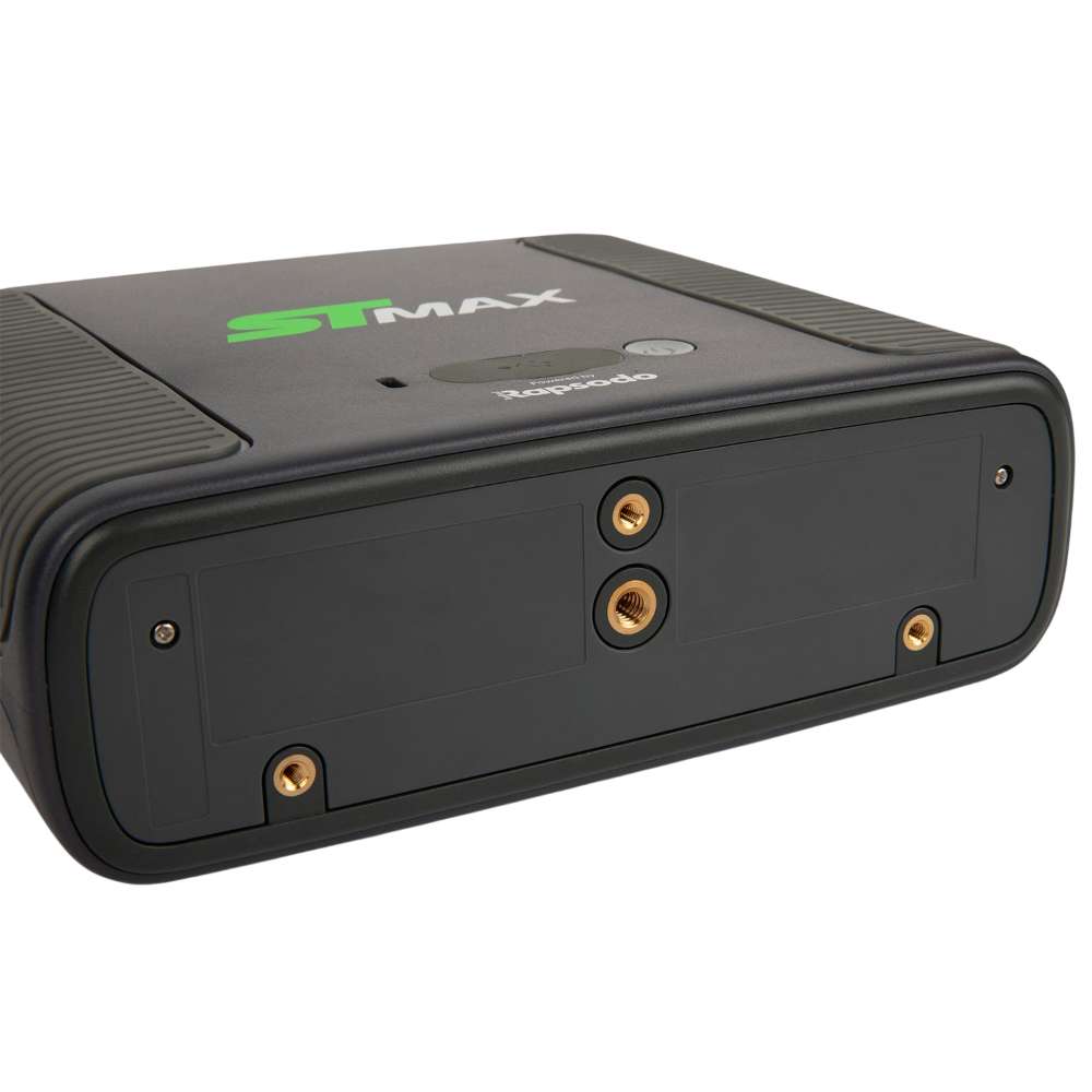 Angled bottom view of SKYTRAK ST MAX Launch Monitor showing its mounting holes and black casing
