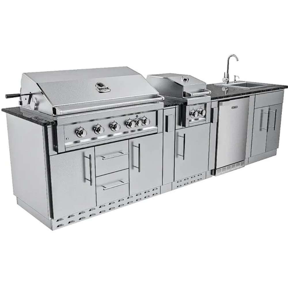 Angled close view of Sunstone Gulf Breeze 10ft Expansive Cabinet Island Package highlighting grill, burner, sink, and storage