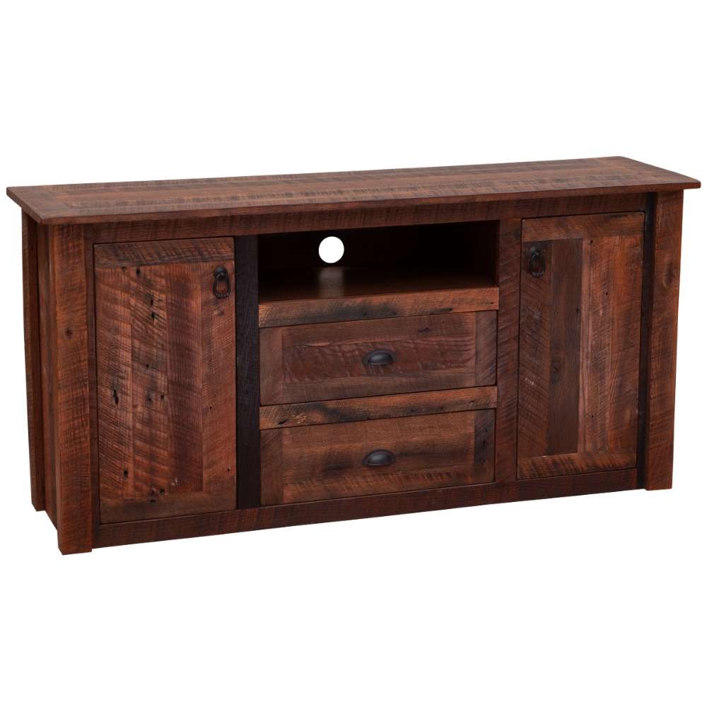 Angled closed-front view of Fireside Lodge Barnwood Widescreen Television Stand highlights its rustic reclaimed-wood frame with two drawers, two cabinet doors, and a top open shelf