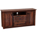 Angled closed-front view of Fireside Lodge Barnwood Widescreen Television Stand highlights its rustic reclaimed-wood frame with two drawers, two cabinet doors, and a top open shelf