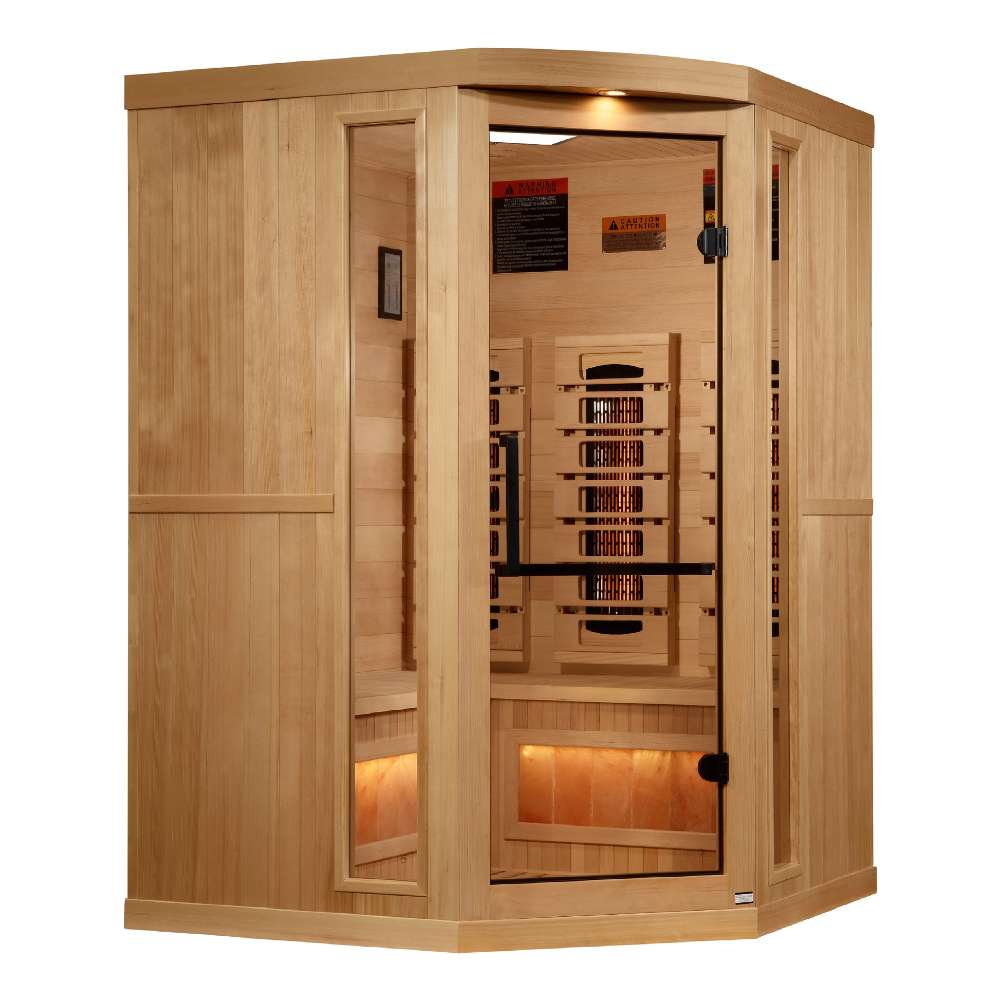 Angled from the left, Golden Designs 2025 Reserve Edition 3 Person Full Spectrum Sauna with Himalayan Salt Bar shows its corner design, hemlock walls and glowing salt bar
