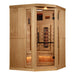 Angled from the left, Golden Designs 2025 Reserve Edition 3 Person Full Spectrum Sauna with Himalayan Salt Bar shows its corner design, hemlock walls and glowing salt bar