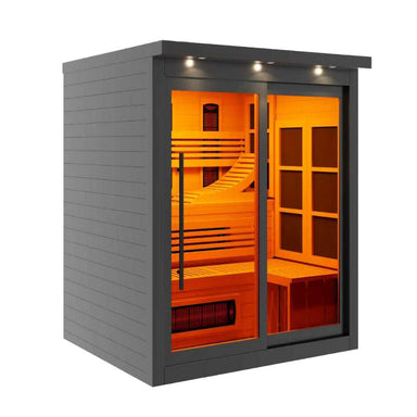 Angled from the left, Golden Designs 6 Person Full Spectrum Near Zero EMF Far IR Sauna Black Edition shows its dark slatted side wall, roof lights and glowing glass doors