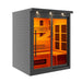 Angled from the left, Golden Designs 6 Person Full Spectrum Near Zero EMF Far IR Sauna Black Edition shows its dark slatted side wall, roof lights and glowing glass doors