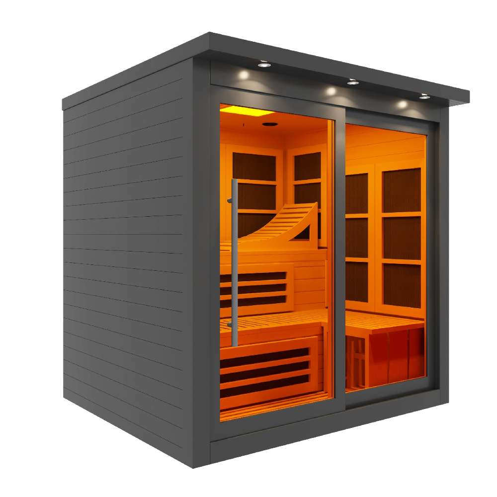Angled from the left, Golden Designs 6 Person Near Zero EMF Far IR Sauna Black Edition shows its dark slatted side wall, roof lights and sliding glass doors