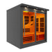 Angled from the left, Golden Designs 6 Person Near Zero EMF Far IR Sauna Black Edition shows its dark slatted side wall, roof lights and sliding glass doors