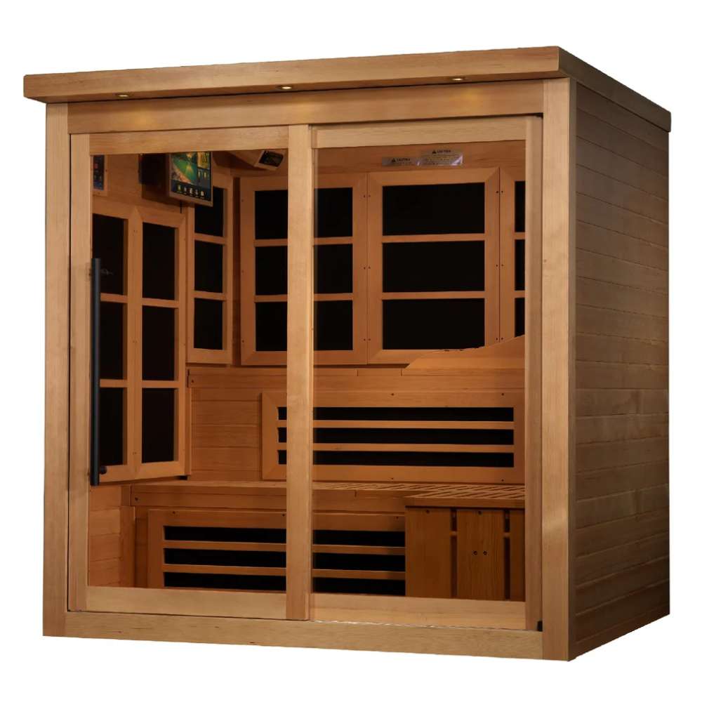 Angled from the left, Golden Designs 6 Person Near Zero EMF Far IR Sauna Elite shows its cedar side wall, glass front and carbon panels