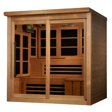 Angled from the left, Golden Designs 6 Person Near Zero EMF Far IR Sauna Elite shows its cedar side wall, glass front and carbon panels