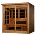 Angled from the left, Golden Designs 6 Person Near Zero EMF Far IR Sauna Elite shows its cedar side wall, glass front and carbon panels