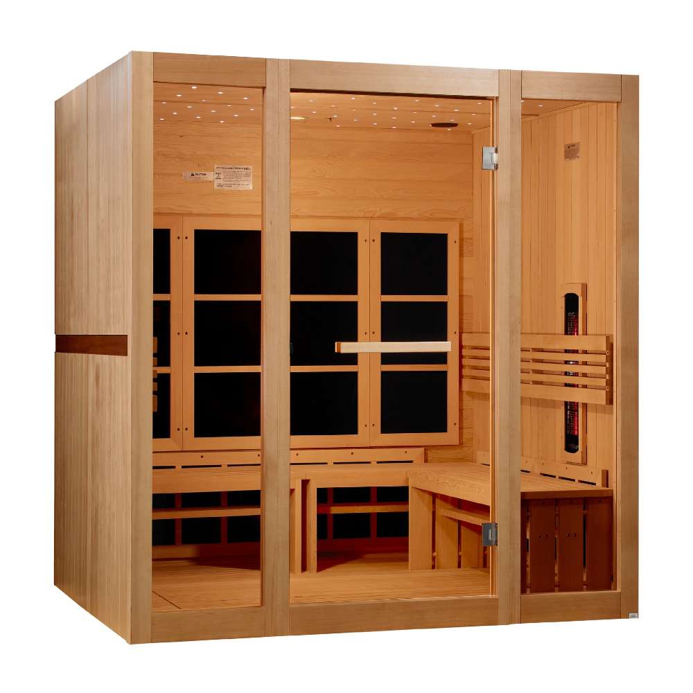 Angled from the left, Golden Designs 8 Person Full Spectrum Near Zero EMF Far IR Sauna shows its hemlock side wall, glass front and benches along the right wall