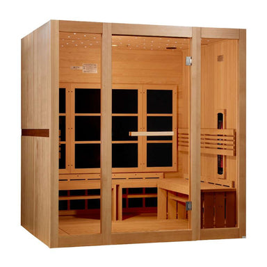 Angled from the left, Golden Designs 8 Person Full Spectrum Near Zero EMF Far IR Sauna shows its hemlock side wall, glass front and benches along the right wall