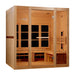 Angled from the left, Golden Designs 8 Person Full Spectrum Near Zero EMF Far IR Sauna shows its hemlock side wall, glass front and benches along the right wall