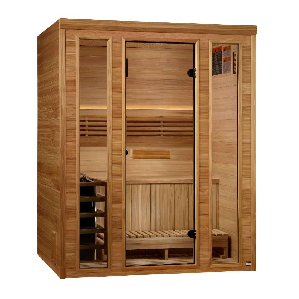 Angled from the left, Golden Designs Andermatt 3 Person Traditional Sauna shows its cedar side wall, glass door and guarded stove