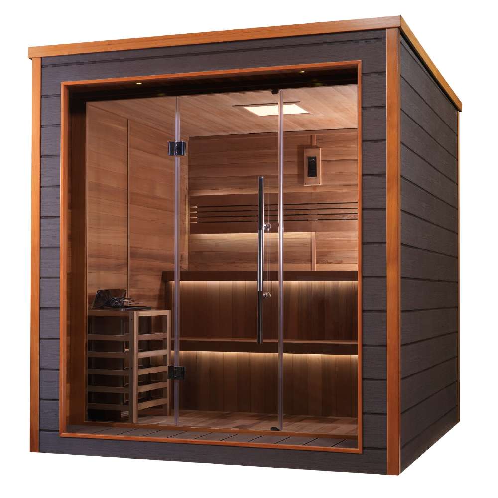 Angled from the left, Golden Designs Bergen 6 Person Outdoor-Indoor Traditional Sauna shows its dark side wall, glass front and tiered cedar benches