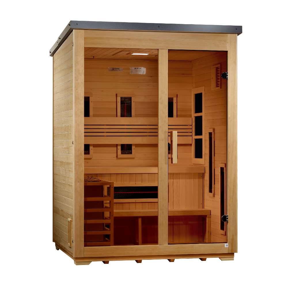 Angled from the left, Golden Designs Carinthia 3 Person Hybrid Flat Roof Outdoor Sauna shows its hemlock side wall, black flat roof and glass front with infrared panels inside