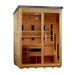 Angled from the left, Golden Designs Carinthia 3 Person Hybrid Flat Roof Outdoor Sauna shows its hemlock side wall, black flat roof and glass front with infrared panels inside