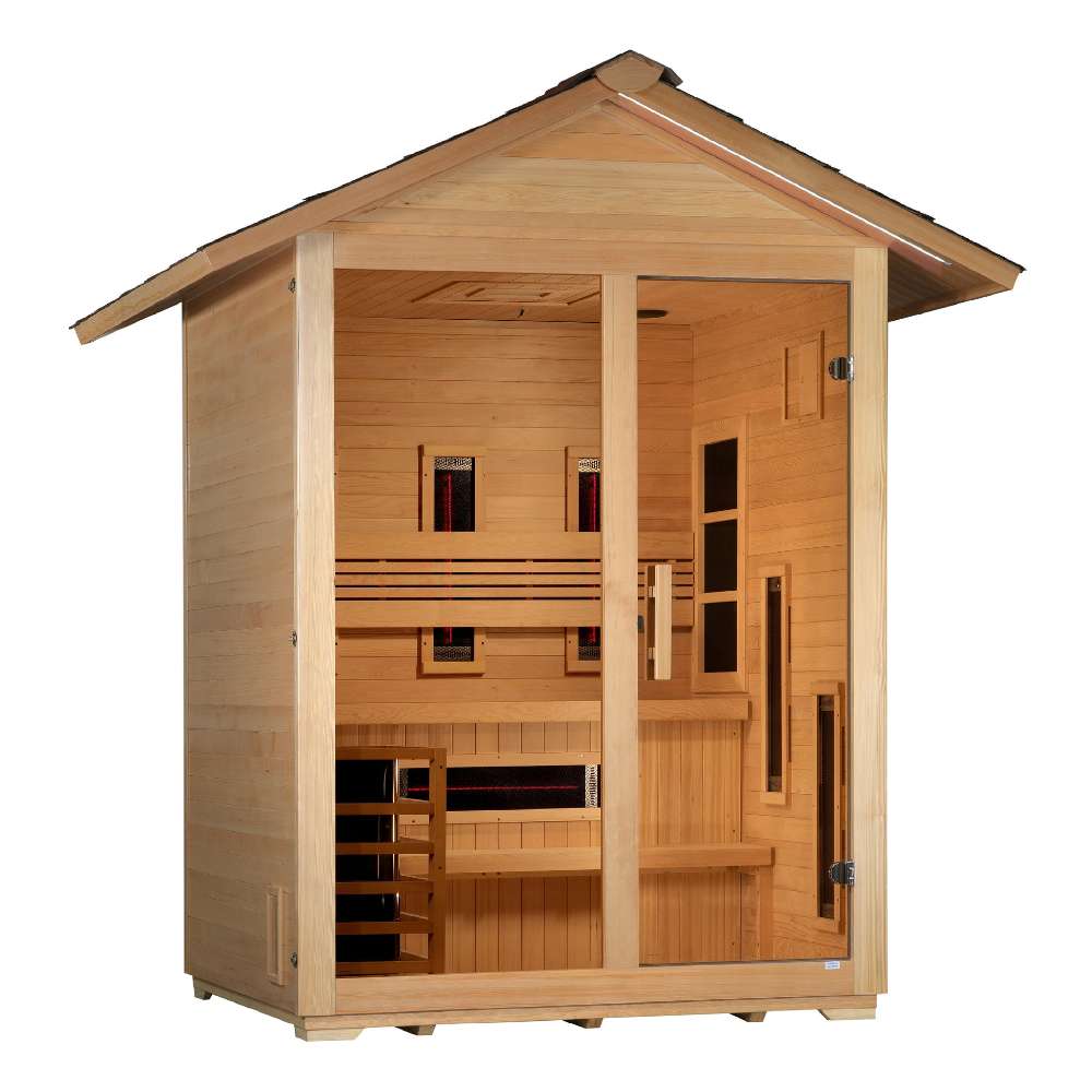 Angled from the left, Golden Designs Carinthia 3 Person Hybrid Outdoor Sauna shows its hemlock side wall, roof overhang and glass front