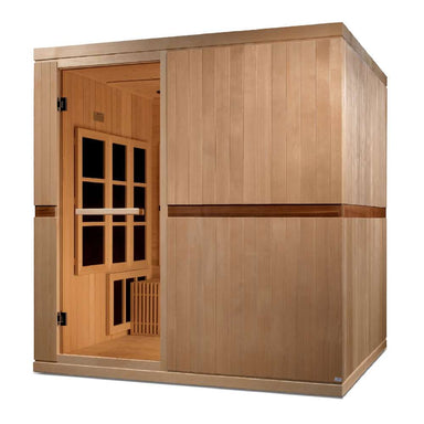 Angled from the left, Golden Designs Catalonia 8 Person Near Zero EMF Far IR Sauna shows its hemlock side wall, glass door and dark accent stripe