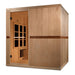 Angled from the left, Golden Designs Catalonia 8 Person Near Zero EMF Far IR Sauna shows its hemlock side wall, glass door and dark accent stripe