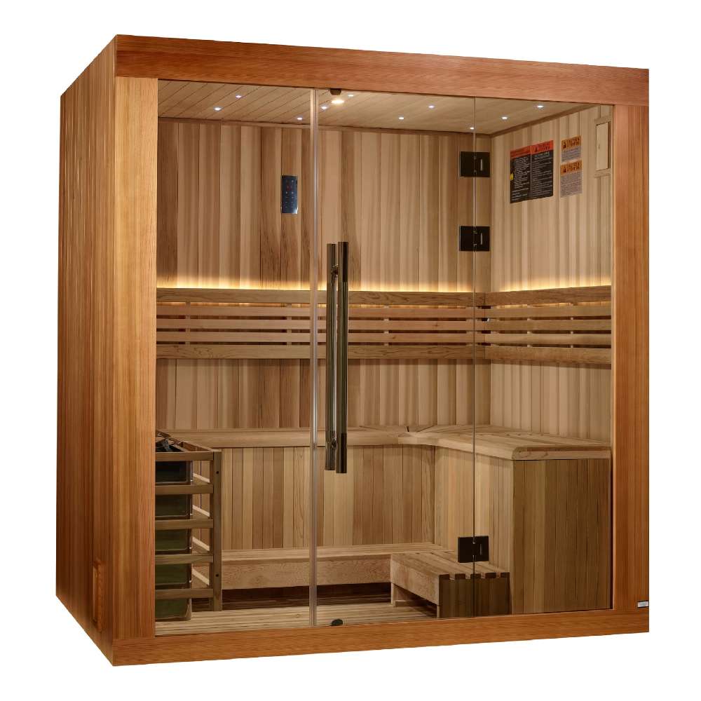 Angled from the left, Golden Designs Copenhagen 3 Person Traditional Sauna shows its cedar side wall, glass front and a softly lit L-shaped bench inside