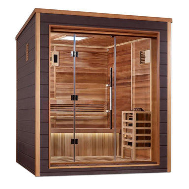 Angled from the left, Golden Designs Drammen 3 Person Outdoor-Indoor Traditional Sauna shows its dark gray side wall, cedar-lined interior and a guarded stove behind the glass