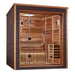 Angled from the left, Golden Designs Drammen 3 Person Outdoor-Indoor Traditional Sauna shows its dark gray side wall, cedar-lined interior and a guarded stove behind the glass