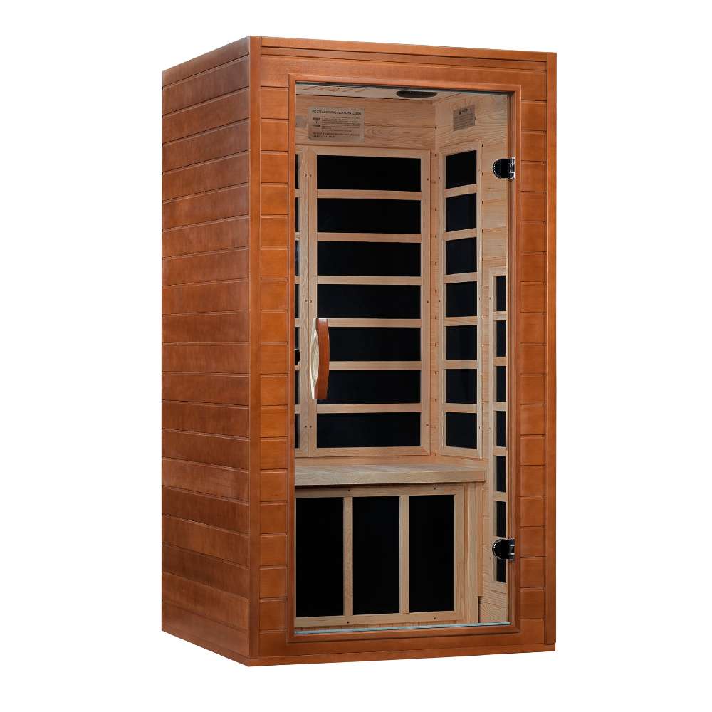 Angled from the left, Golden Designs Dynamic Avila 1-2 Person Low EMF Far Infrared Sauna shows its cedar side wall and full-length glass door