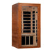Angled from the left, Golden Designs Dynamic Avila 1-2 Person Low EMF Far Infrared Sauna shows its cedar side wall and full-length glass door