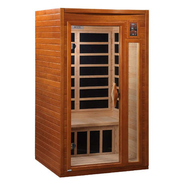 Angled from the left, Golden Designs Dynamic Barcelona 1-2 Person Low EMF Far Infrared Sauna shows its warm-toned wood side wall, glass door and carbon panels