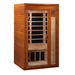Angled from the left, Golden Designs Dynamic Barcelona 1-2 Person Low EMF Far Infrared Sauna shows its warm-toned wood side wall, glass door and carbon panels