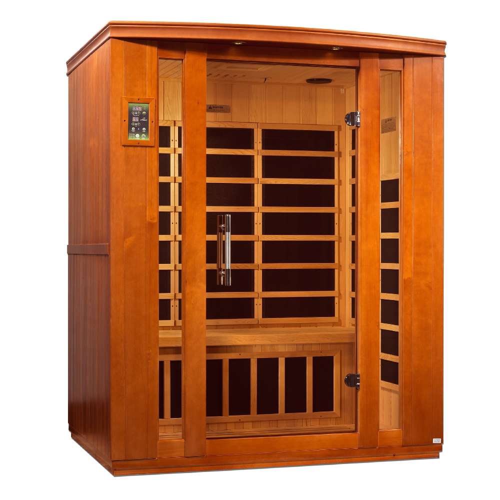 Angled from the left, Golden Designs Dynamic Bellagio 3 Person Low EMF Far Infrared Sauna shows its cedar side wall, glass front and carbon panels