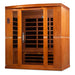 Angled from the left, Golden Designs Dynamic Bergamo 4 Person Low EMF Far Infrared Sauna shows its cedar side wall, glass front and accent strips