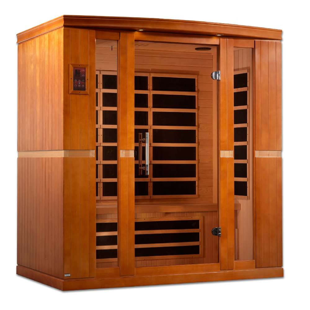 Angled from the left, Golden Designs Dynamic Bergamo Elite 4 Person Ultra Low EMF Far Infrared Sauna shows its side wall, bronze glass door and exterior control panel