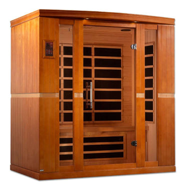 Angled from the left, Golden Designs Dynamic Bergamo Elite 4 Person Ultra Low EMF Far Infrared Sauna shows its side wall, bronze glass door and exterior control panel