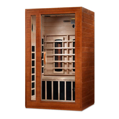 Angled from the left, Golden Designs Dynamic Cordoba 2 Person Full Spectrum Infrared Sauna shows its wood side wall, glass door and infrared panels